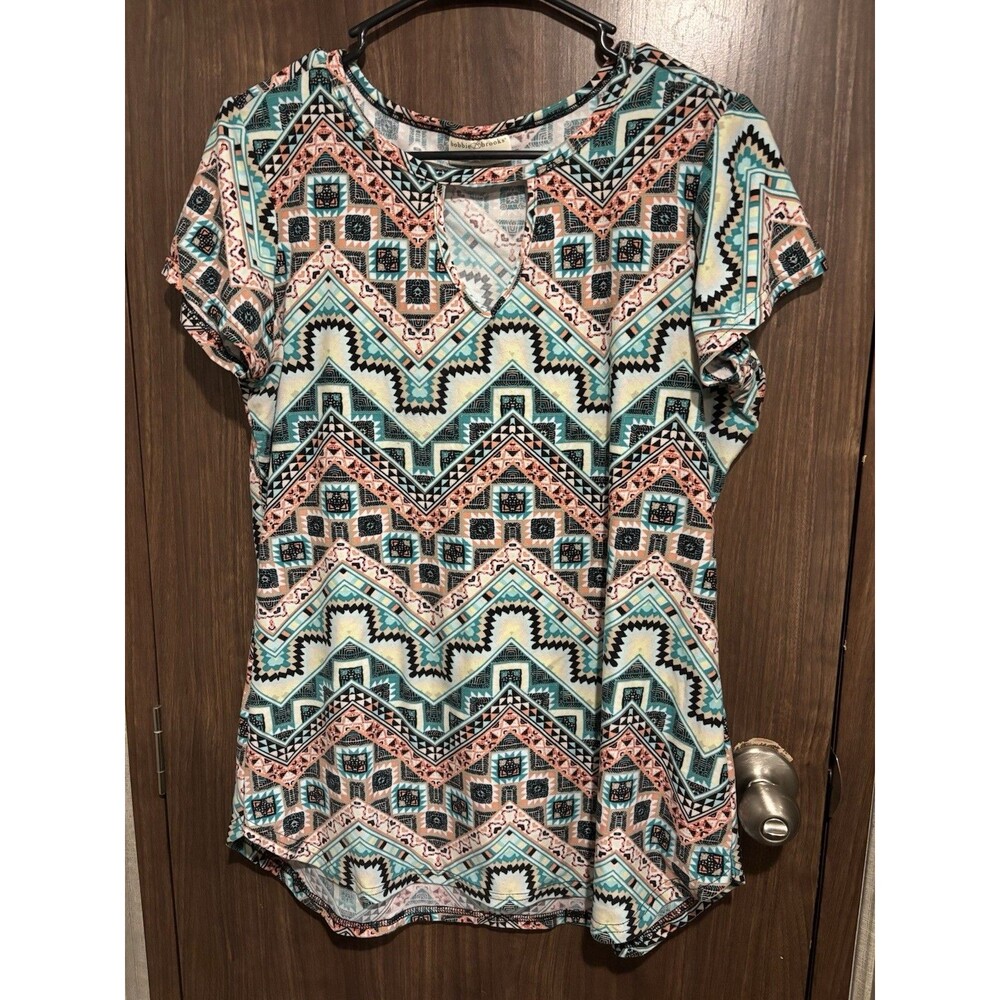Bobbie Brooks Women’sMulticolor Geometric Scoop Neck Short Sleeve Pullover Sz M